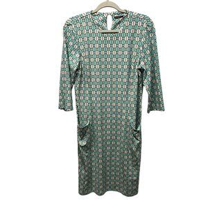 J. McLaughlin Green & Beige Chain Print Dress With Pockets Nylon/Spandex L